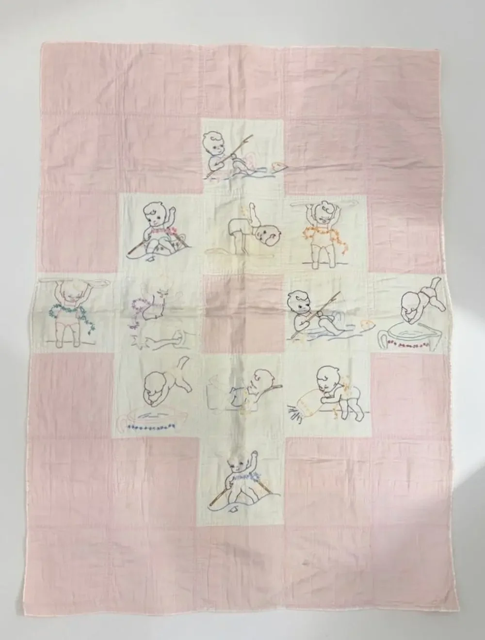 Vintage Antique Baby Quilt Child Activities Fishing Spoon Embroidered 42”x 32”